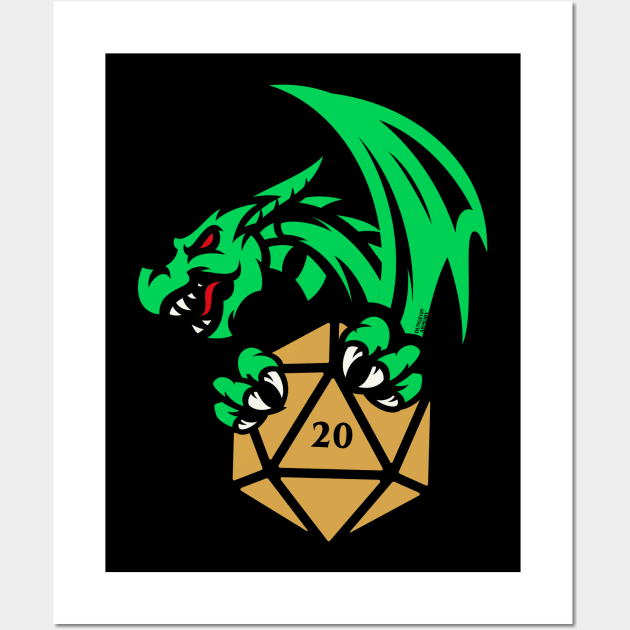 Green Dragon with D20 Dice Tabletop RPG Addict Wall Art by pixeptional